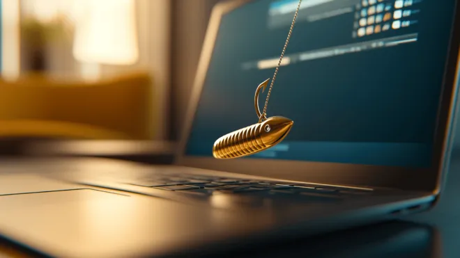 phishing: een vishaak aan draad voor een laptop wachtend op beet