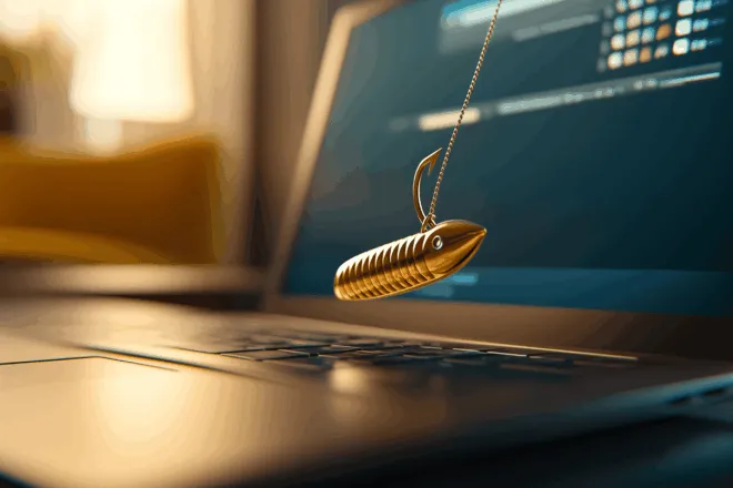 phishing: een vishaak aan draad voor een laptop wachtend op beet